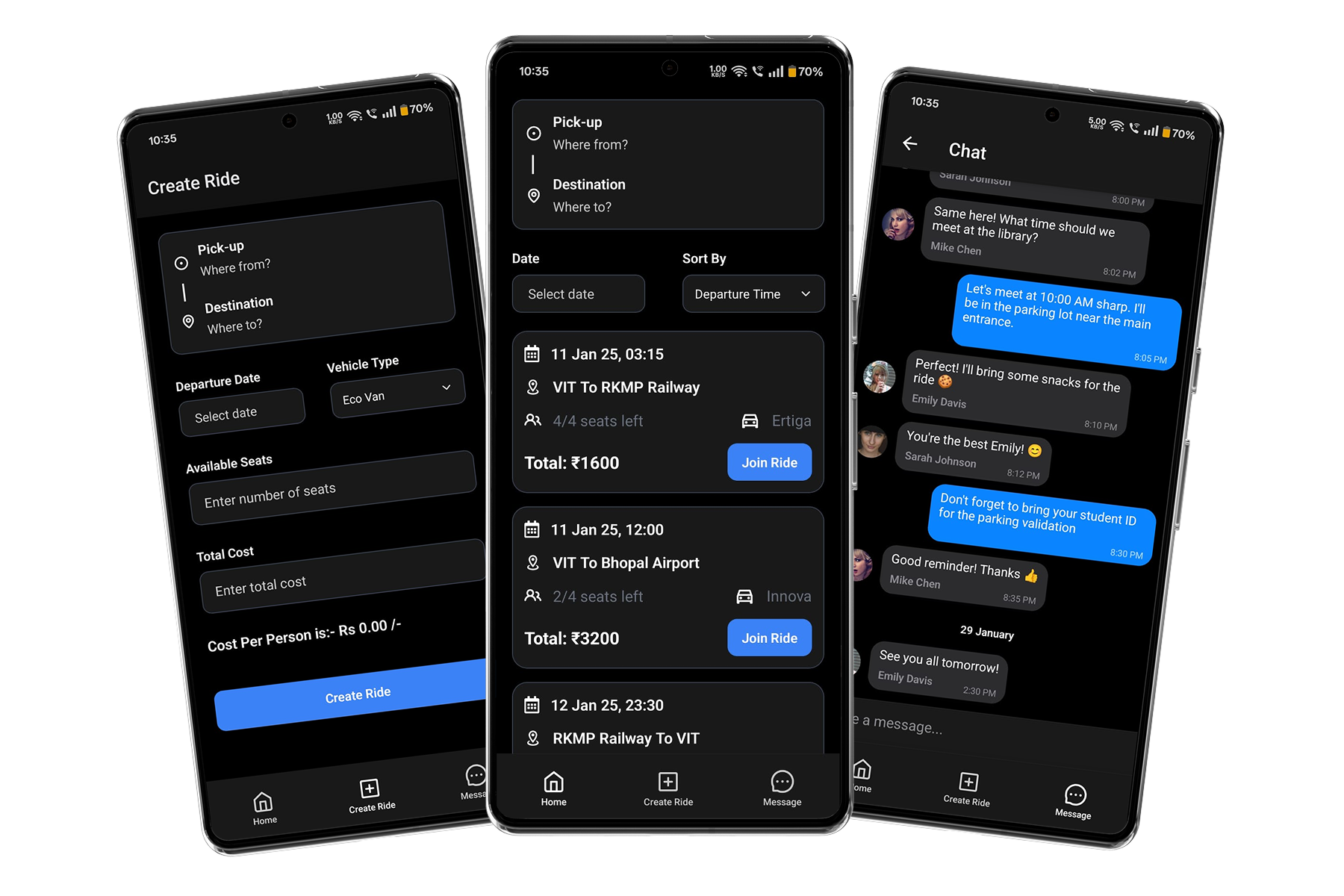 CampusRide app screens — create ride, browse rides, and group chat