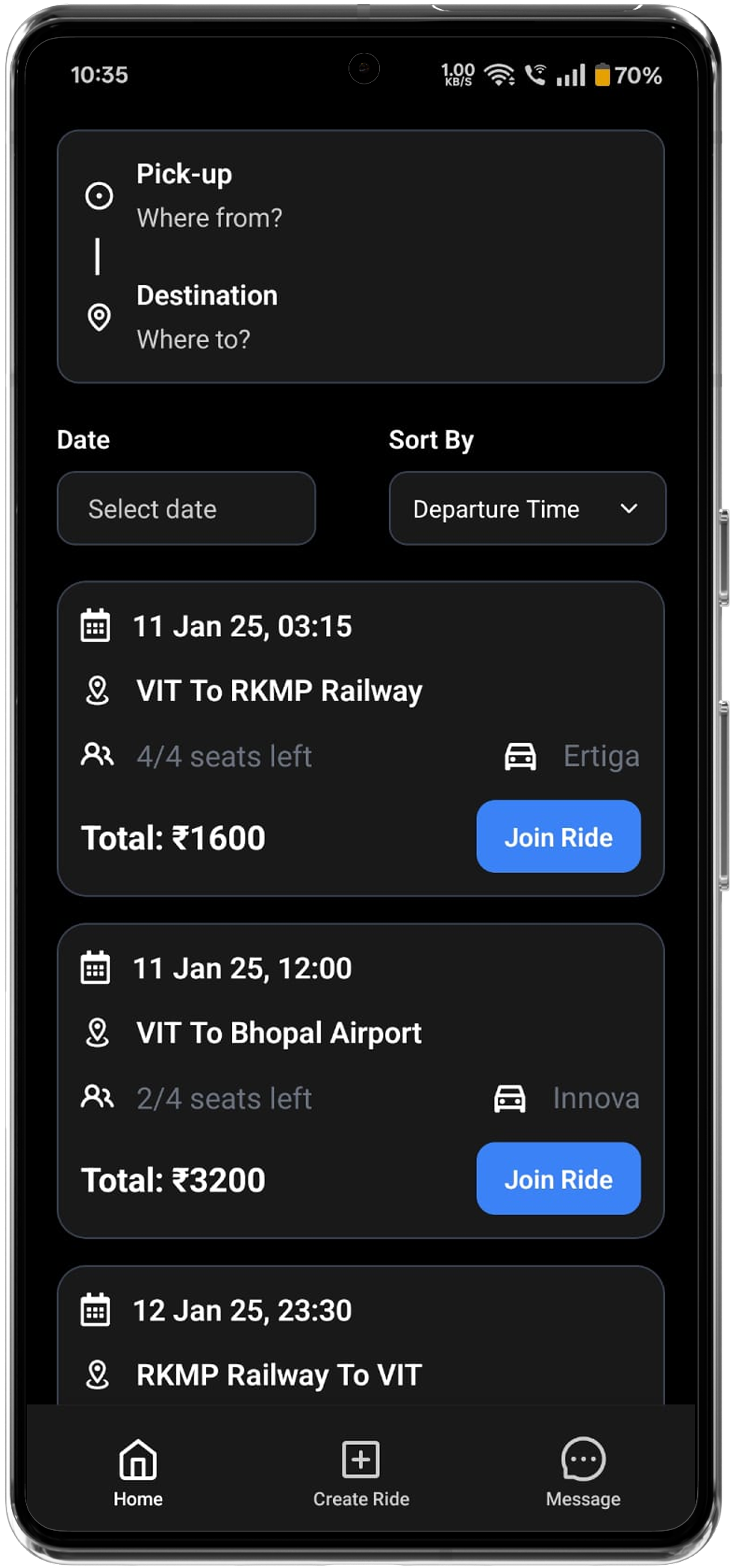CampusRide create ride form with route, date, vehicle, seats, and cost fields