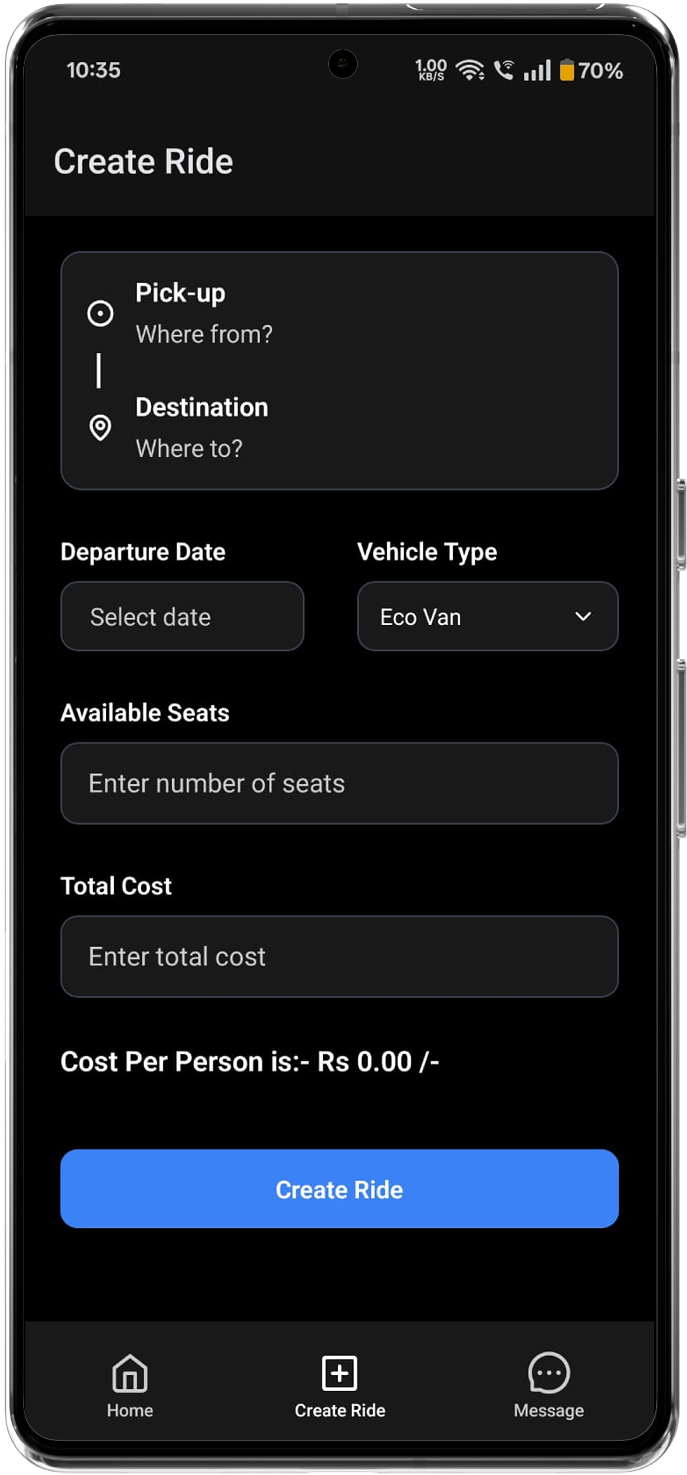 CampusRide home screen with route filters and ride cards