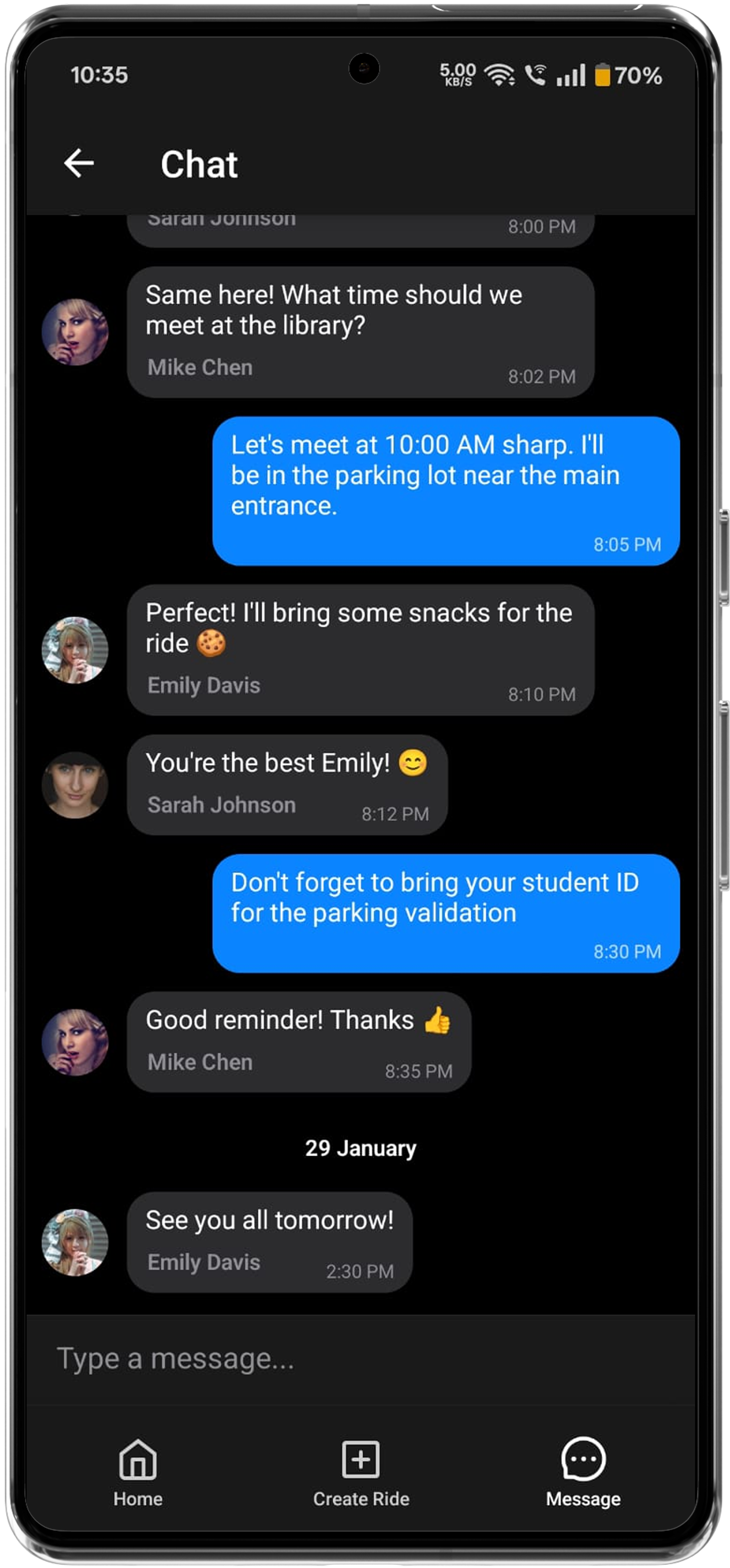 CampusRide group chat with ride members coordinating pickup time and details